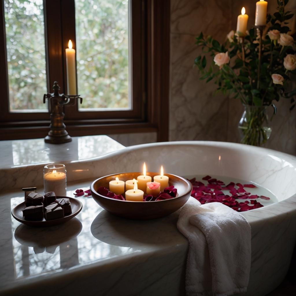 Soft candlelight and rose petals create a dreamy spa-like escape. Indulge in warmth, luxury, and intimate Valentine’s relaxation!