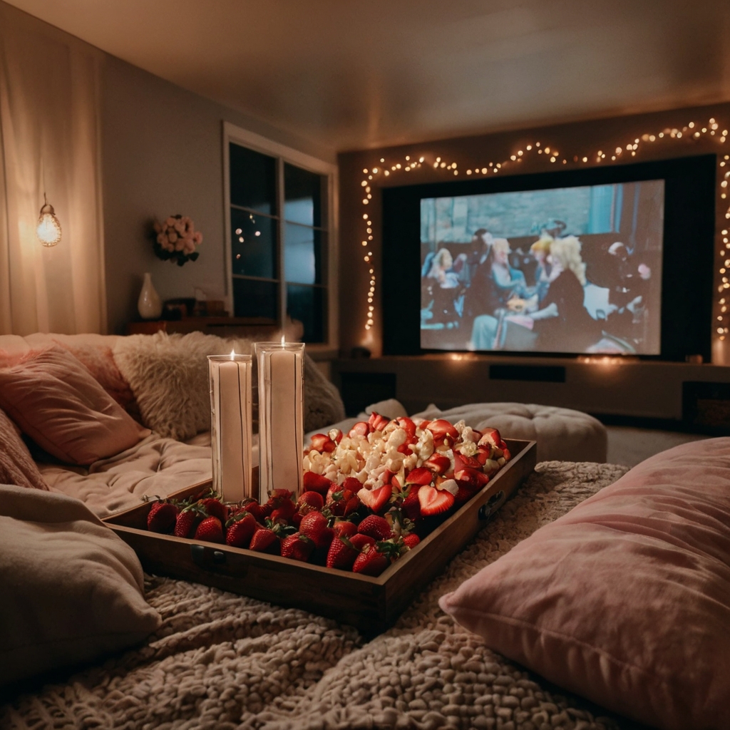 A home theater setup with fairy lights and plush blankets. Classic romance films and sweet treats set the perfect movie night mood.