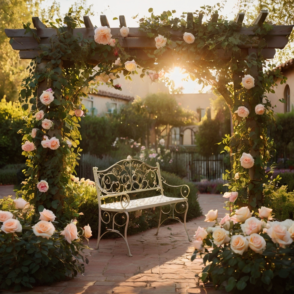 A dreamy courtyard overflowing with fragrant rose bushes, climbing trellises, and a wrought-iron bench. A golden hour glow enhances the romance.