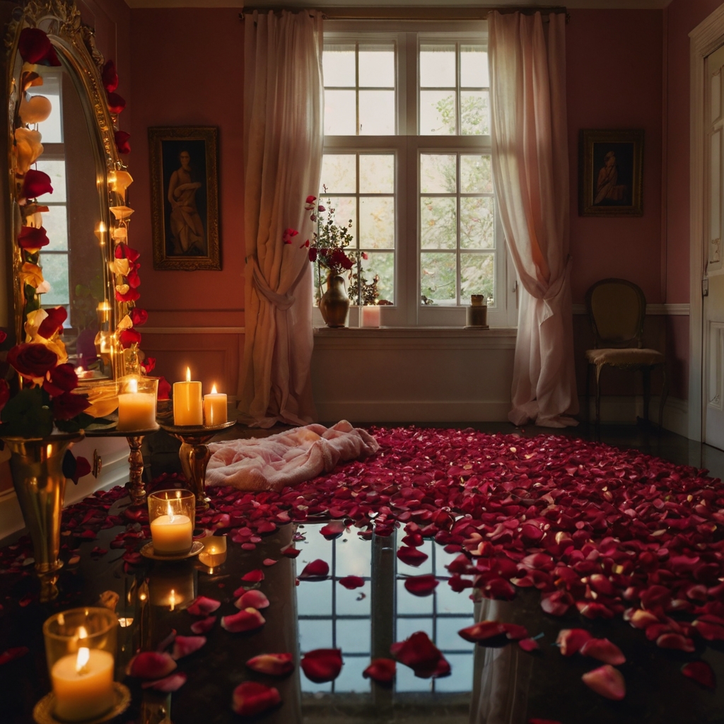 Lush red rose petals and golden candlelight set a passionate mood. A cozy velvet bedspread and a warm bubble bath complete the dreamy setting.