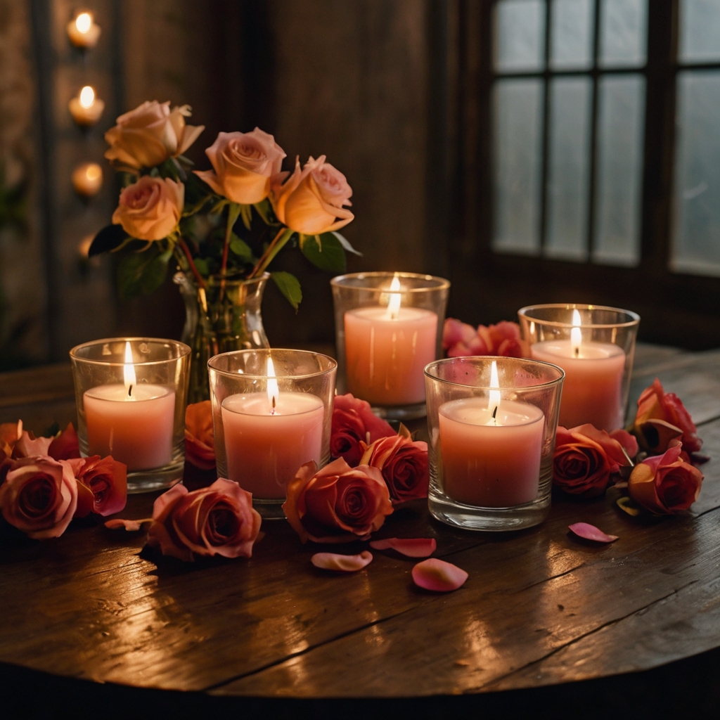 Vintage glass candle holders with softly glowing rose-scented candles for a cozy ambiance.