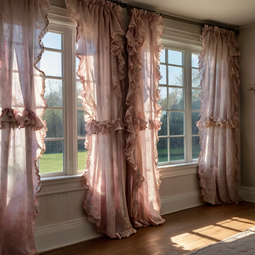 Pastel-hued ruffled floral curtains flow elegantly from an antique wooden rod, casting soft shadows. Their layered texture creates a dreamy vintage aesthetic.