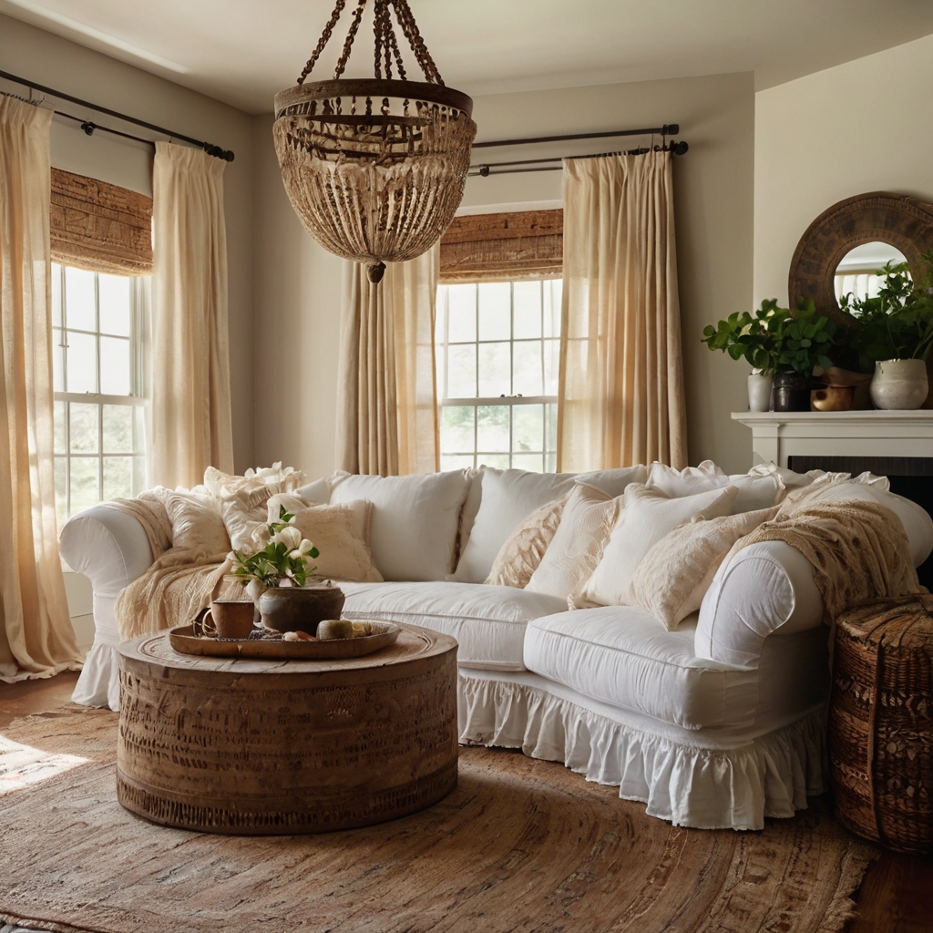 A relaxed boho living room with ruffled linen slipcovers on a plush sofa, illuminated by natural light.