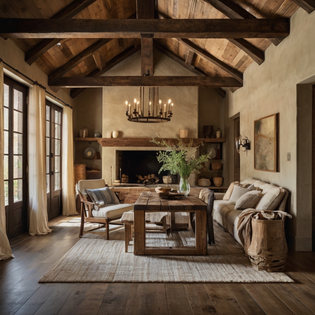 Exposed wooden ceiling beams with an aged finish, contrasting beautifully with neutral walls. Soft lighting and natural textures add charm and warmth to the space.