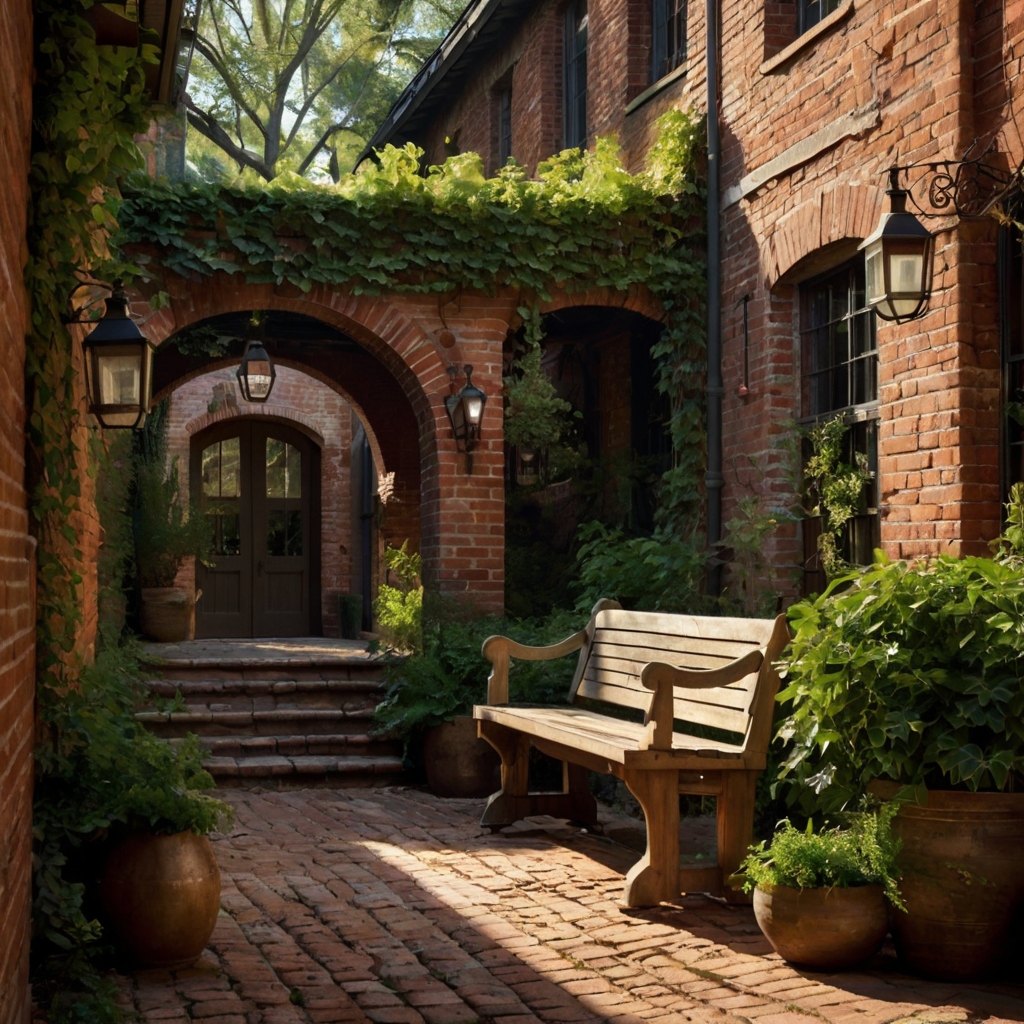 A cozy courtyard framed by exposed red brick walls, ivy creeping over aged stone pathways. Warm lantern light adds an inviting, old-world charm.