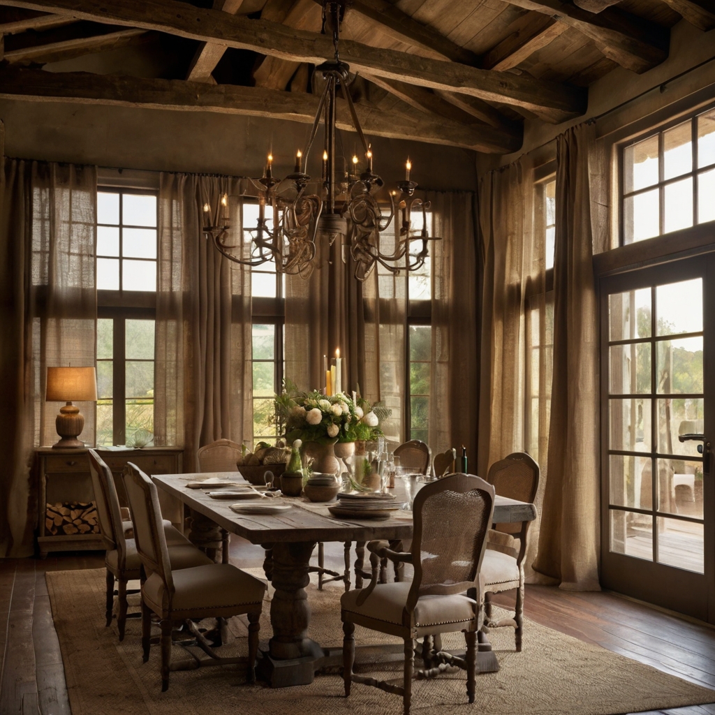 Textured burlap curtains hang from wrought iron rods, adding natural charm to a farmhouse dining room. Warm lighting enhances their cozy, rustic appeal.