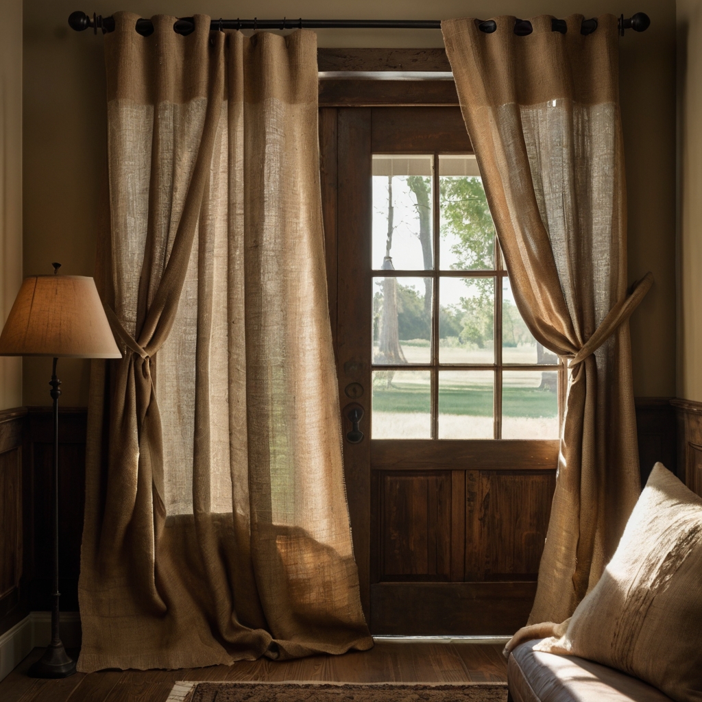 Rough burlap curtains with natural texture. Diffused sunlight casts soft shadows in a rustic farmhouse-style room.