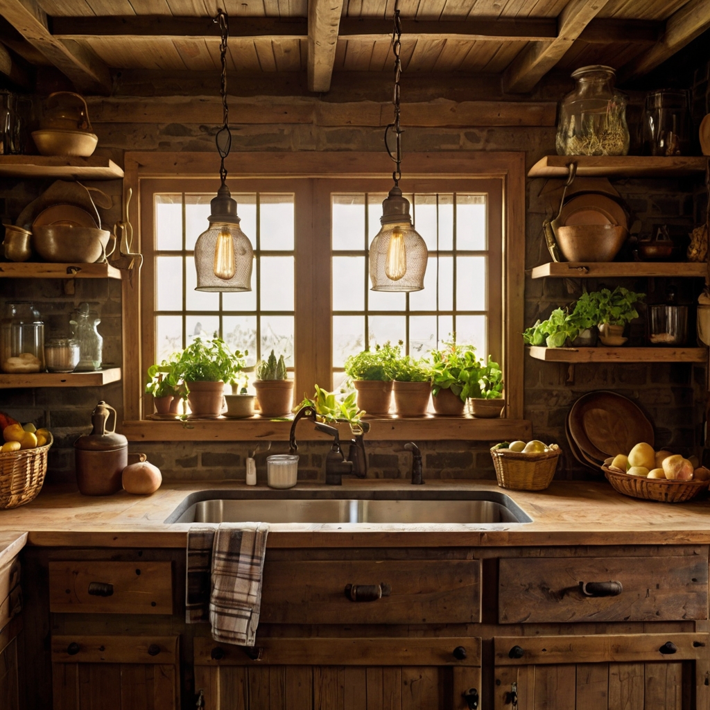 A cozy farmhouse kitchen with a wooden countertop, vintage glass jars, and warm lighting. A wicker basket adds natural texture and homely appeal.