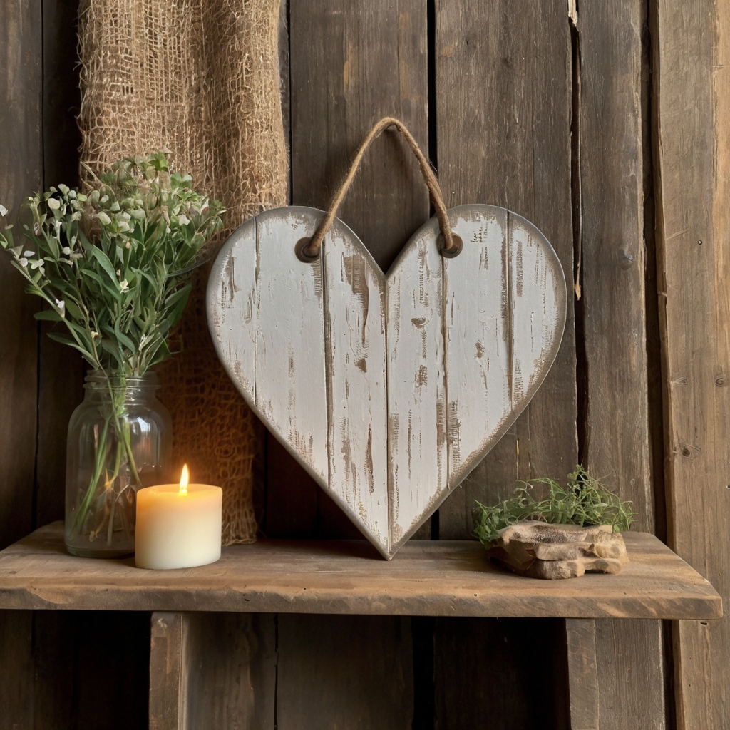A weathered wooden heart with layers of soft neutrals and exposed wood grain. Ideal for cozy farmhouse or cottagecore spaces.