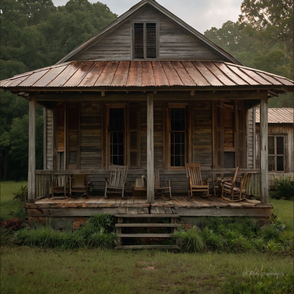 A weathered Southern farmhouse with a deep copper and patina-toned metal roof. Raindrops glisten under the evening light, adding to its rustic charm.