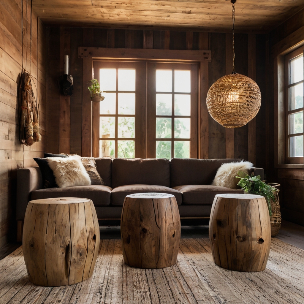 Raw wooden stools beside a low coffee table, with visible grain patterns highlighted under warm pendant lighting.