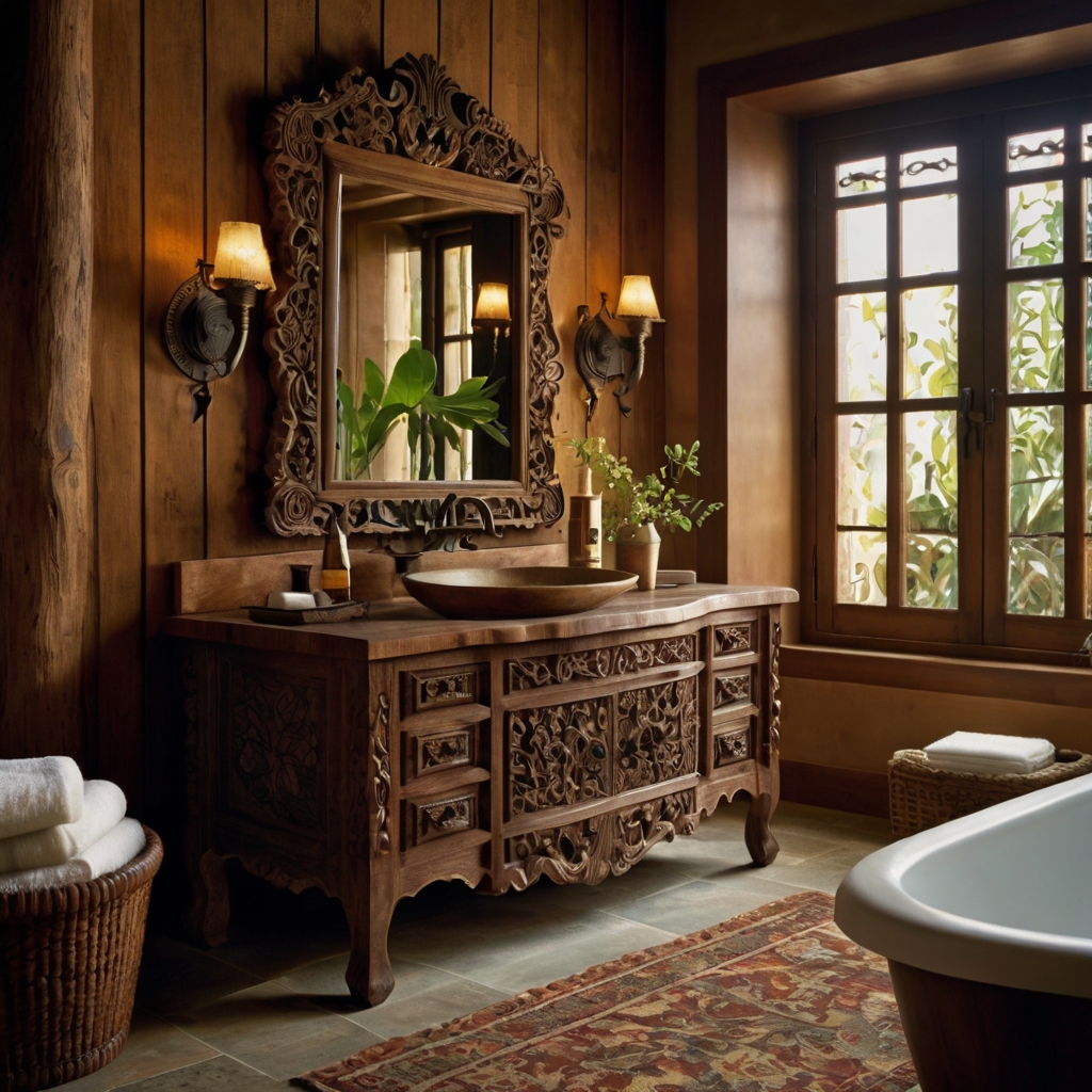 Hand-carved wooden vanities with intricate floral details bring warmth to a Spanish-style bathroom. Aged wood grains and deep stains enhance the old-world charm.