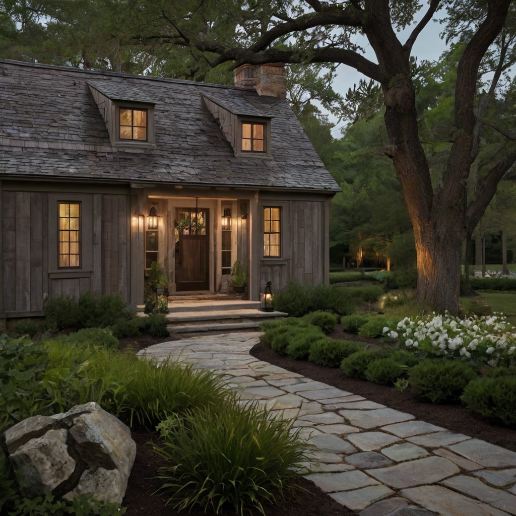 A historic home with a seamlessly added saltbox-style extension, preserving its charm. Weathered wooden siding and a glowing lantern create a welcoming, timeless look.