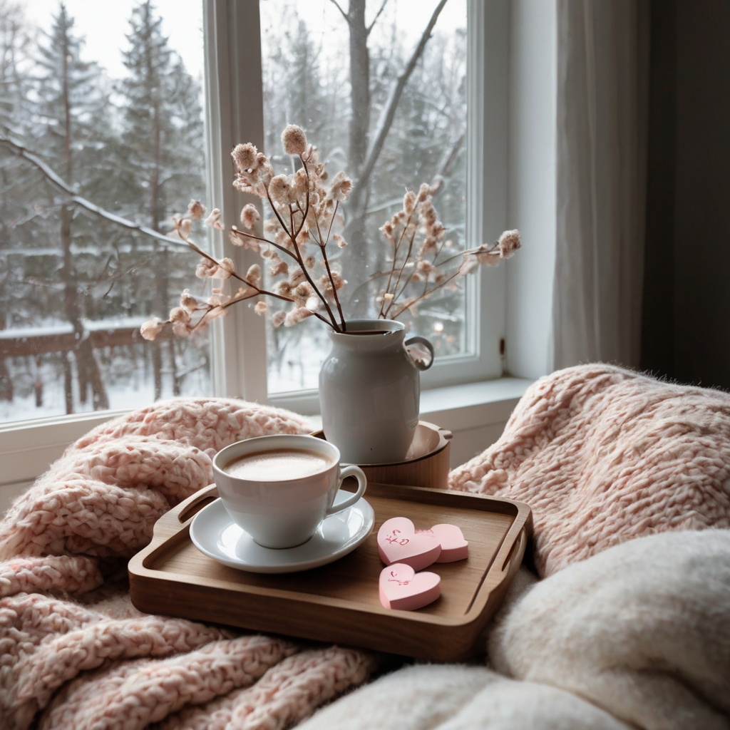 Soft whites, beiges, and light grays blend in cozy minimalism. A serene and intimate setting perfect for a relaxed Galentine’s vibe!