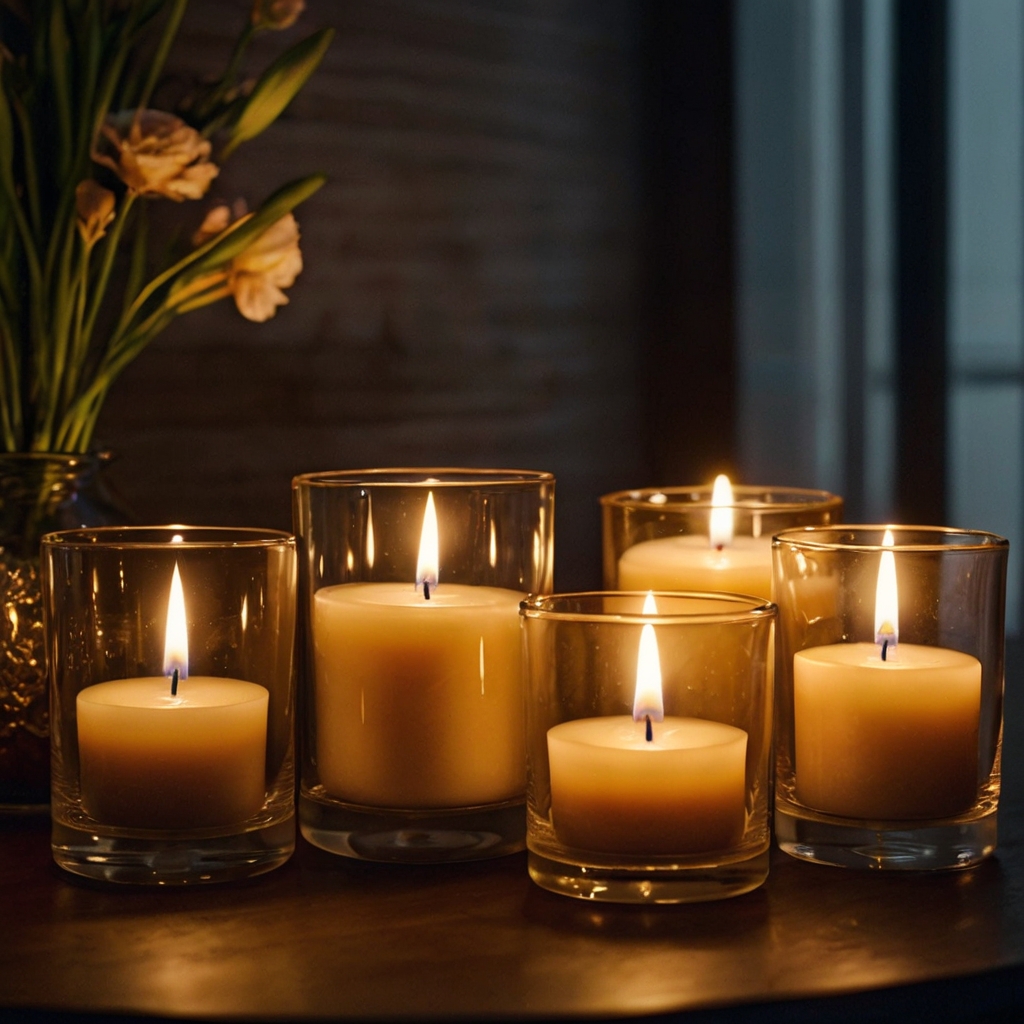 Scented candles glowing softly on a table, creating a peaceful and inviting ambiance. The warm, flickering light enhances the cozy, calming atmosphere.