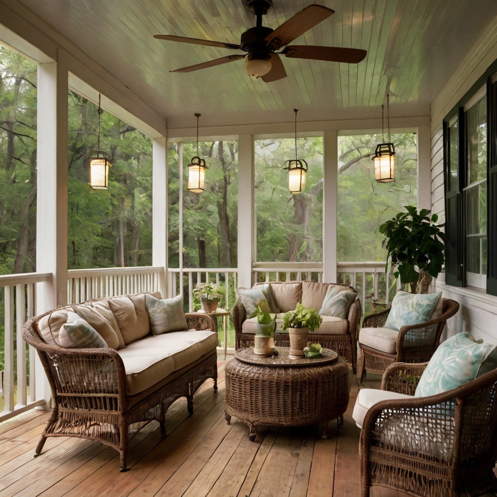 A cozy screened-in porch with wicker chairs, string lights, and soft cushions. The open mesh allows fresh air to flow, blending indoor comfort with outdoor serenity.