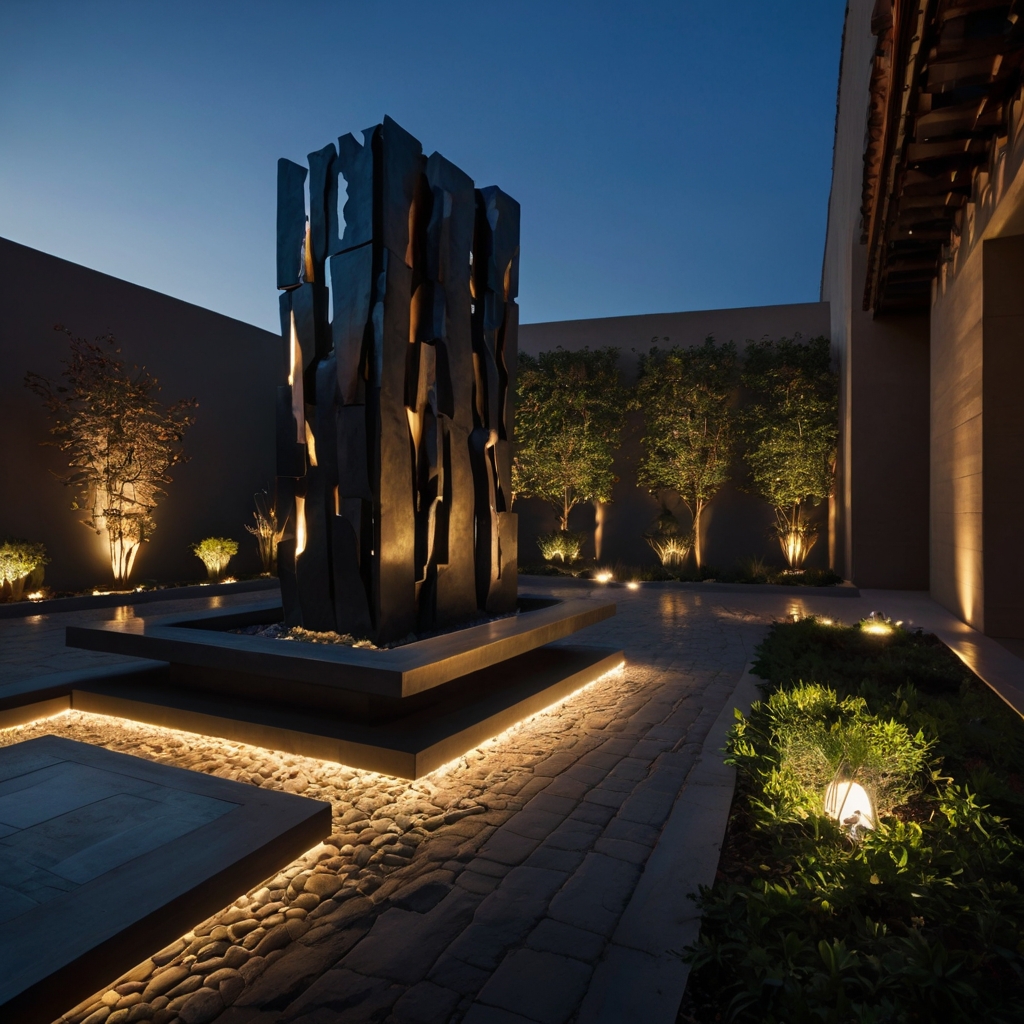 A striking courtyard showcasing bold abstract sculptures, complemented by dramatic uplighting. A true fusion of art and outdoor elegance.