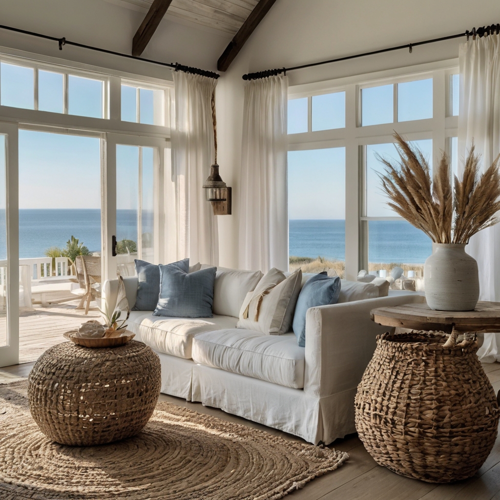 Soft blues, distressed wood, and shell decor bring a peaceful, oceanfront-inspired aesthetic.