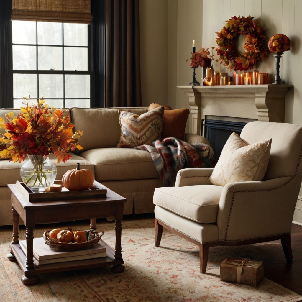 Room with seasonal décor such as fall leaves or winter lights, enhanced by soft natural light. The decor adds color and fresh vibes to match the season.