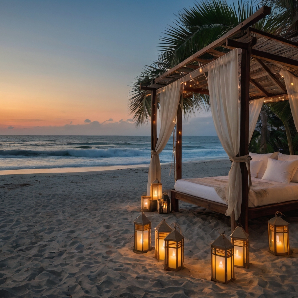 A beachfront tent on untouched white sands, waves gently lapping nearby. Lanterns cast a warm glow over the private wooden deck.