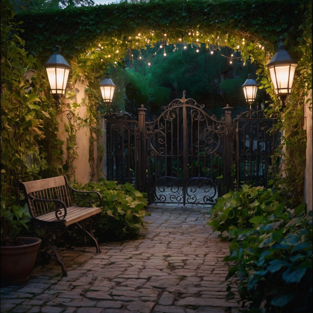 An enchanted ivy-covered courtyard with winding stone paths leading to hidden alcoves. Twinkling fairy lights and rustic benches create a dreamy hideaway.