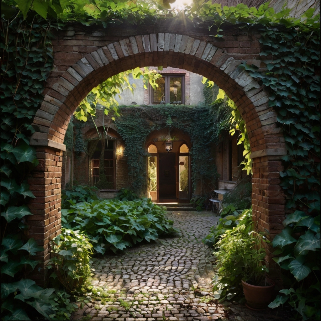 A hidden courtyard accessed through an ivy-covered stone archway, with lantern-lit paths and secluded seating. A mysterious, magical escape.