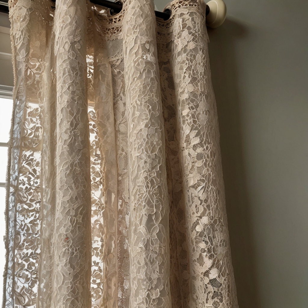 Intricate shabby chic lace overlays drape over linen curtains, softening the farmhouse aesthetic. Their vintage detailing adds a dreamy, romantic touch.