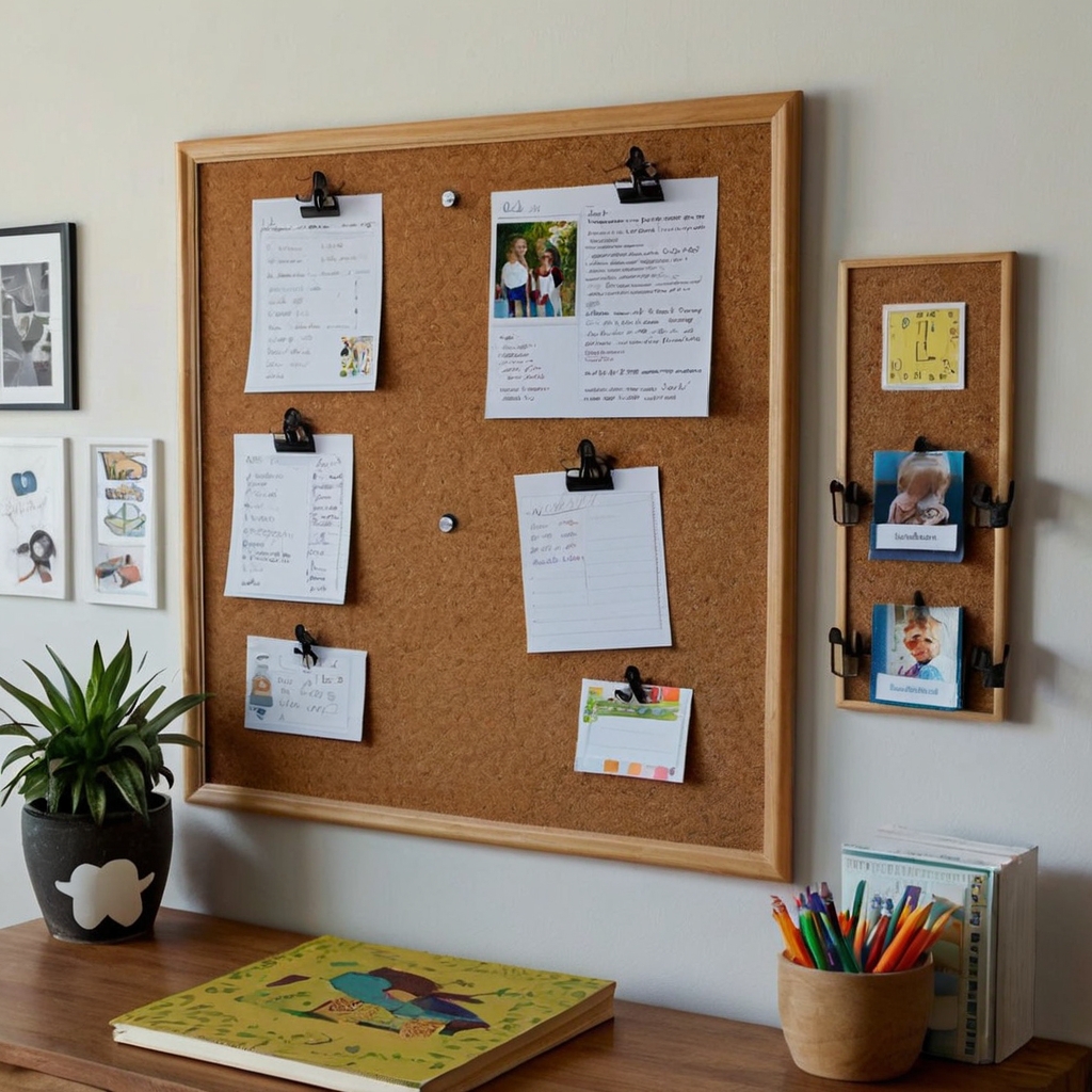 Pinboards keep schedules, art, and notes in one place. A creative and functional wall feature.