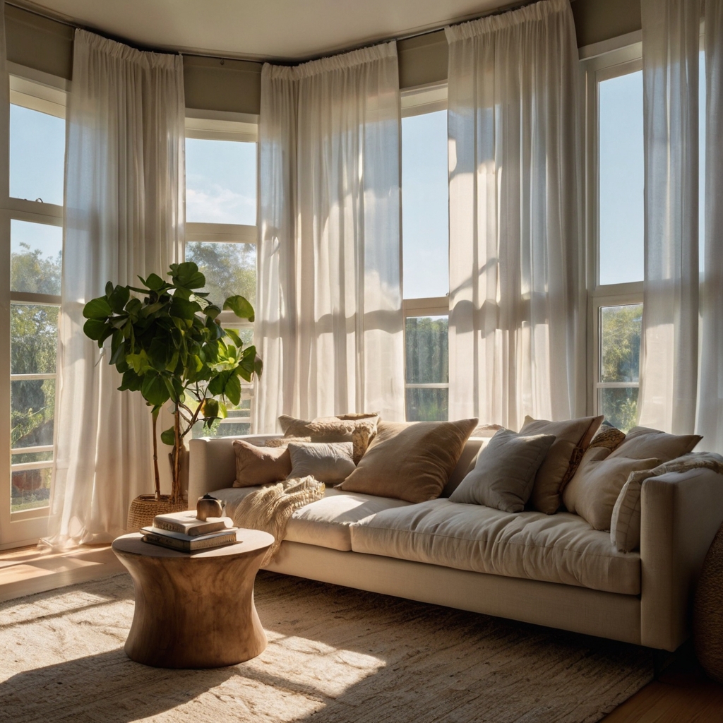 A bright boho space with billowing sheer white curtains filtering sunlight, creating an airy and ethereal ambiance.