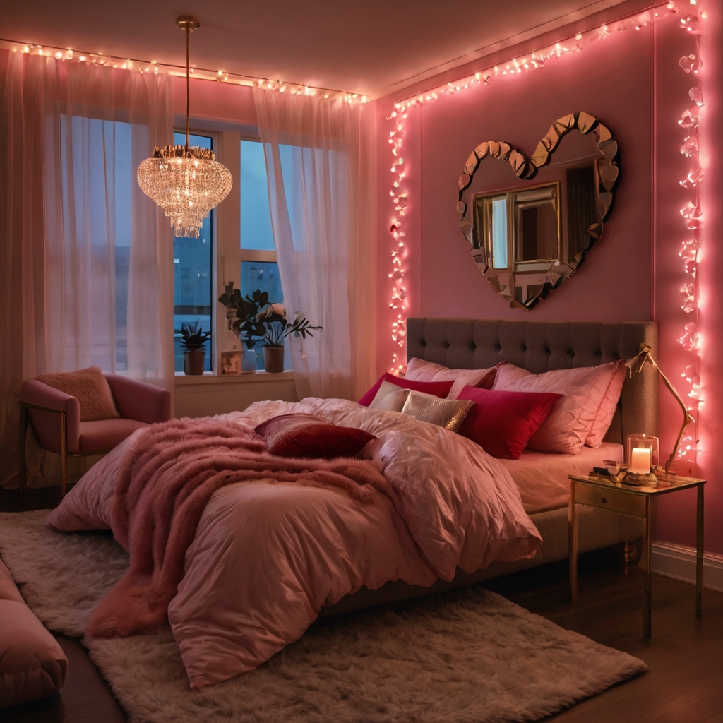 Neon heart lights cast a playful glow over a cozy, love-filled bedroom. A pink and red color scheme enhances the vibrant, modern romance.