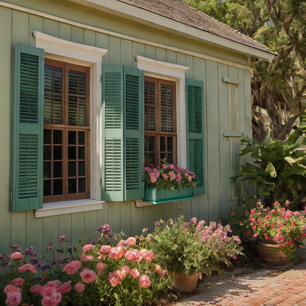 Traditional wooden shutters painted sage green frame large, sunlit windows. Flower boxes overflow with colorful blooms, adding vintage charm to the home’s façade.