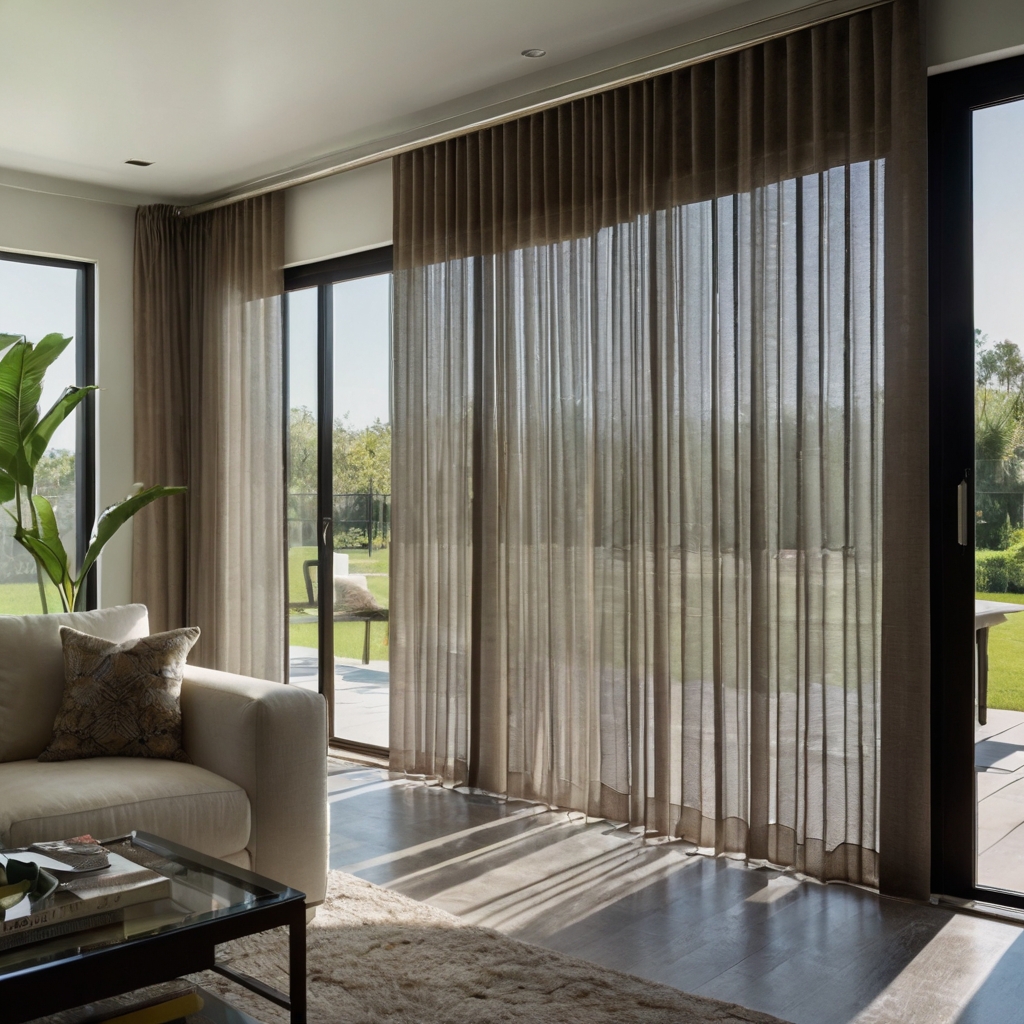 Sleek sliding door curtains in neutral or patterned fabric. Bright daylight highlights the clean, polished look of a spacious room.