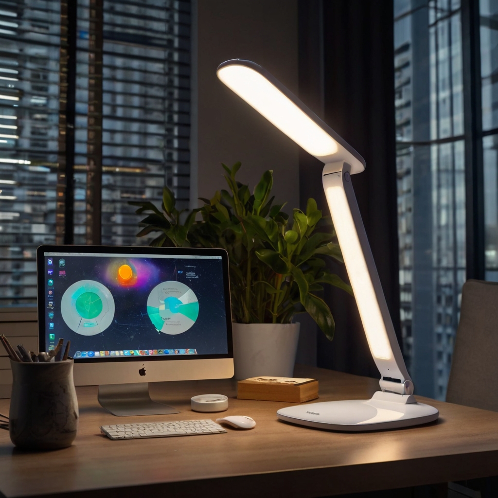  A modern LED desk lamp with adjustable brightness. Soft lighting improves focus and reduces eye strain.