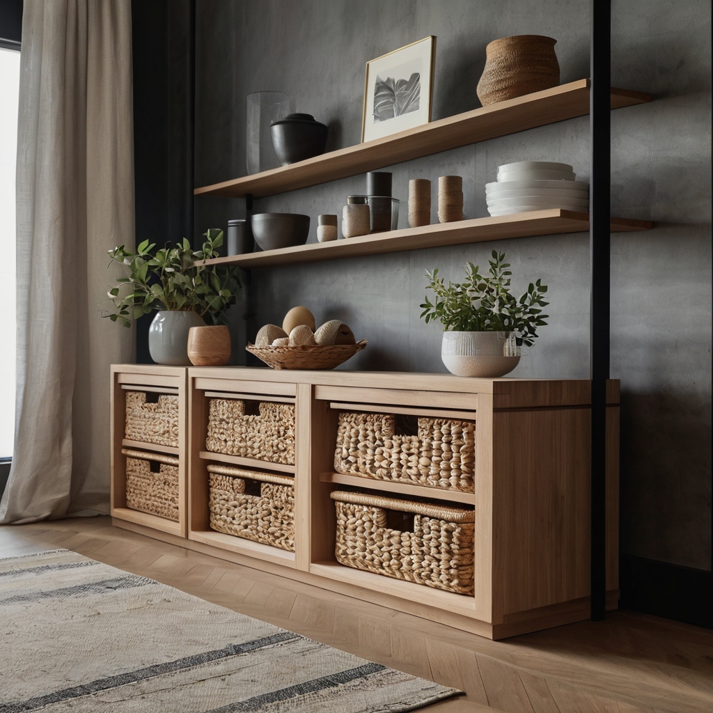 A minimalist room with hidden cabinets, woven baskets, and built-in shelving. Elegant storage solutions blend seamlessly with the stylish decor.