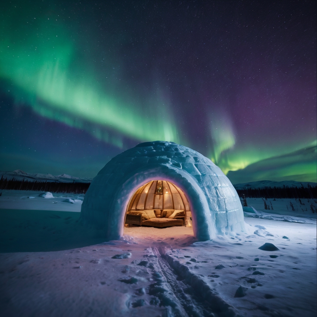 A glass igloo under the Northern Lights, glowing warmly in the snowy Arctic. Inside, soft fairy lights and plush bedding create ultimate coziness.