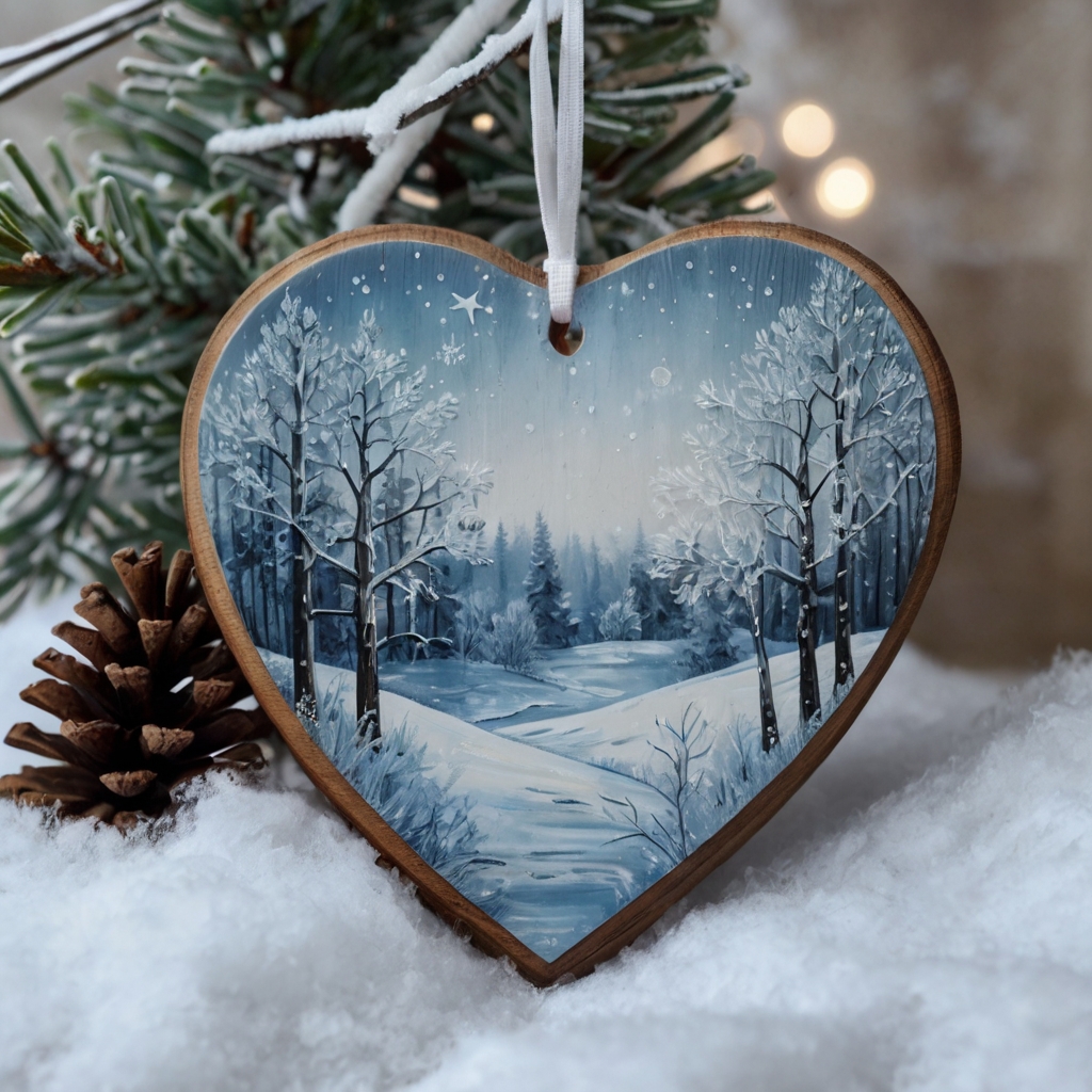 A wintery wooden heart with frosted pine trees and delicate snowflakes. A cozy seasonal piece for festive home decor.