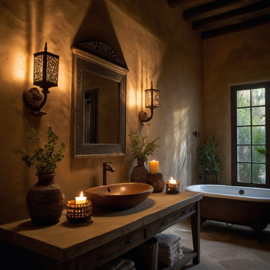 Warm lantern sconces cast a soft glow on textured stucco walls. The flickering candlelight enhances the cozy, intimate ambiance of a Spanish-style bathroom.