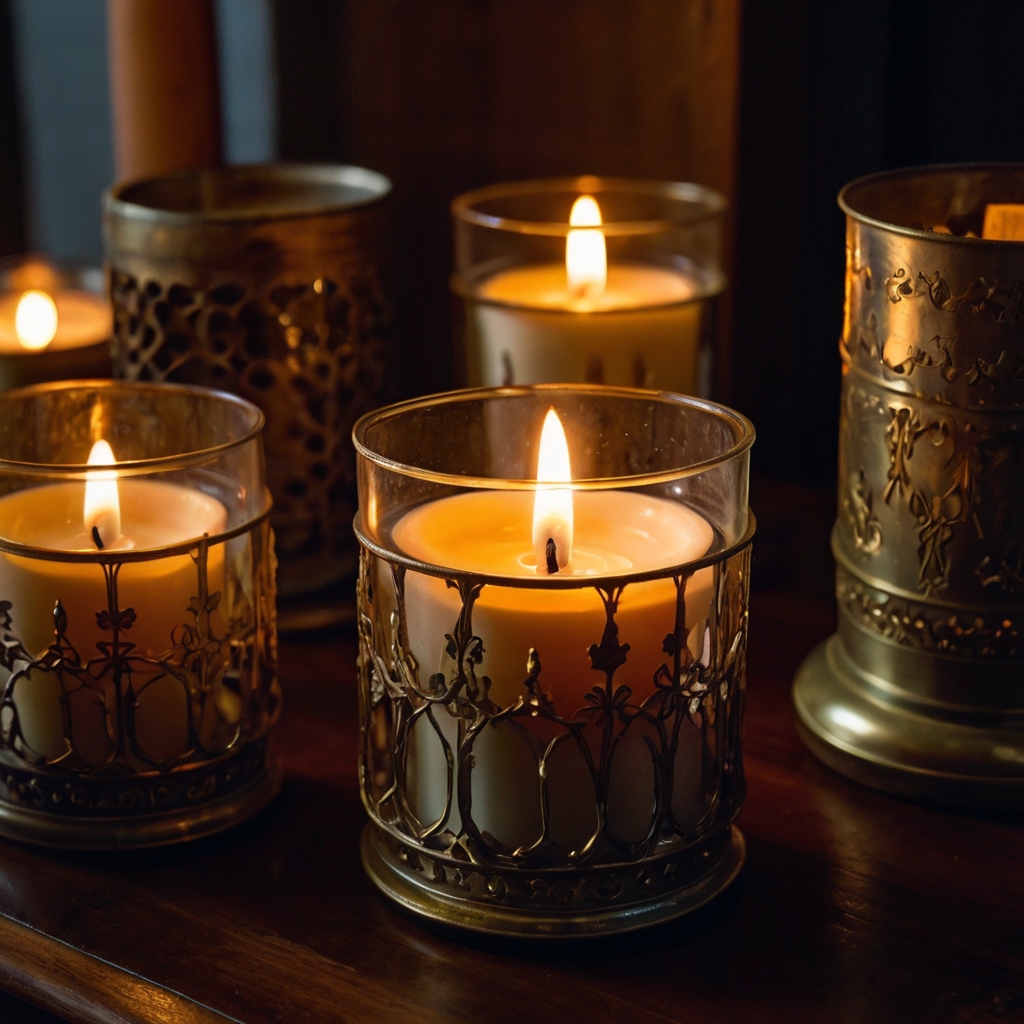 Flickering candles in vintage holders cast warm, intimate light. The soft glow creates a romantic and calming atmosphere in a dimly lit room.