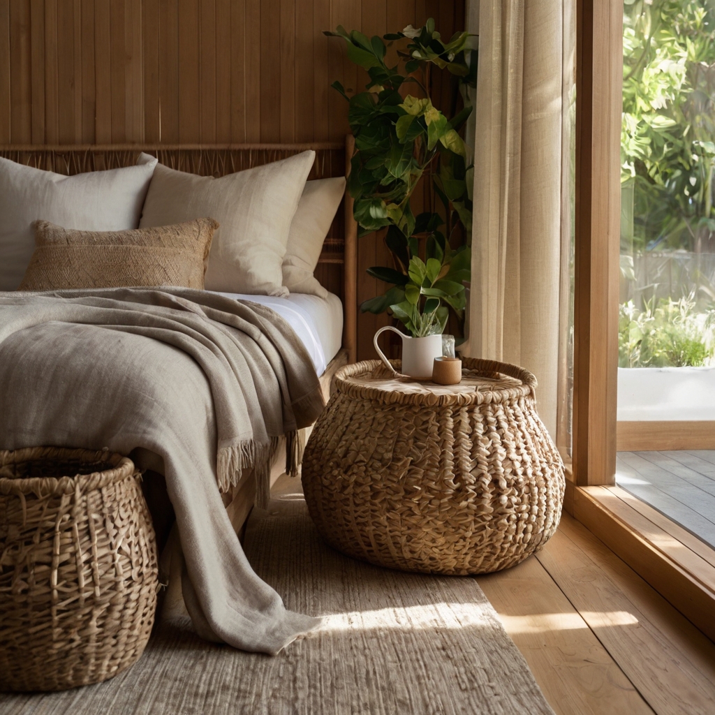 Linen upholstery, warm woods, and handcrafted textures create a cozy, nature-inspired interior.