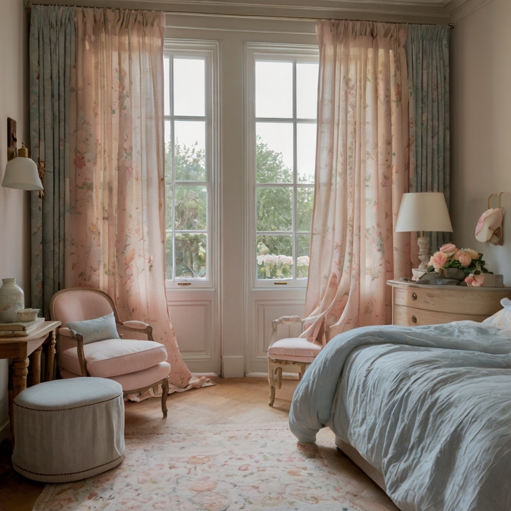 Blush pink and powder blue pastel curtains sway gently in a bright, airy bedroom. Their soft tones create a soothing French country retreat.