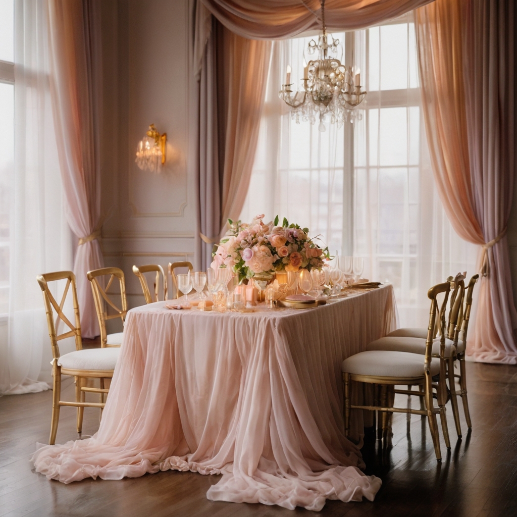 A delicate mix of soft pinks and lilacs sets an airy romantic tone. Sheer drapes and golden accents enhance the dreamy ambiance.