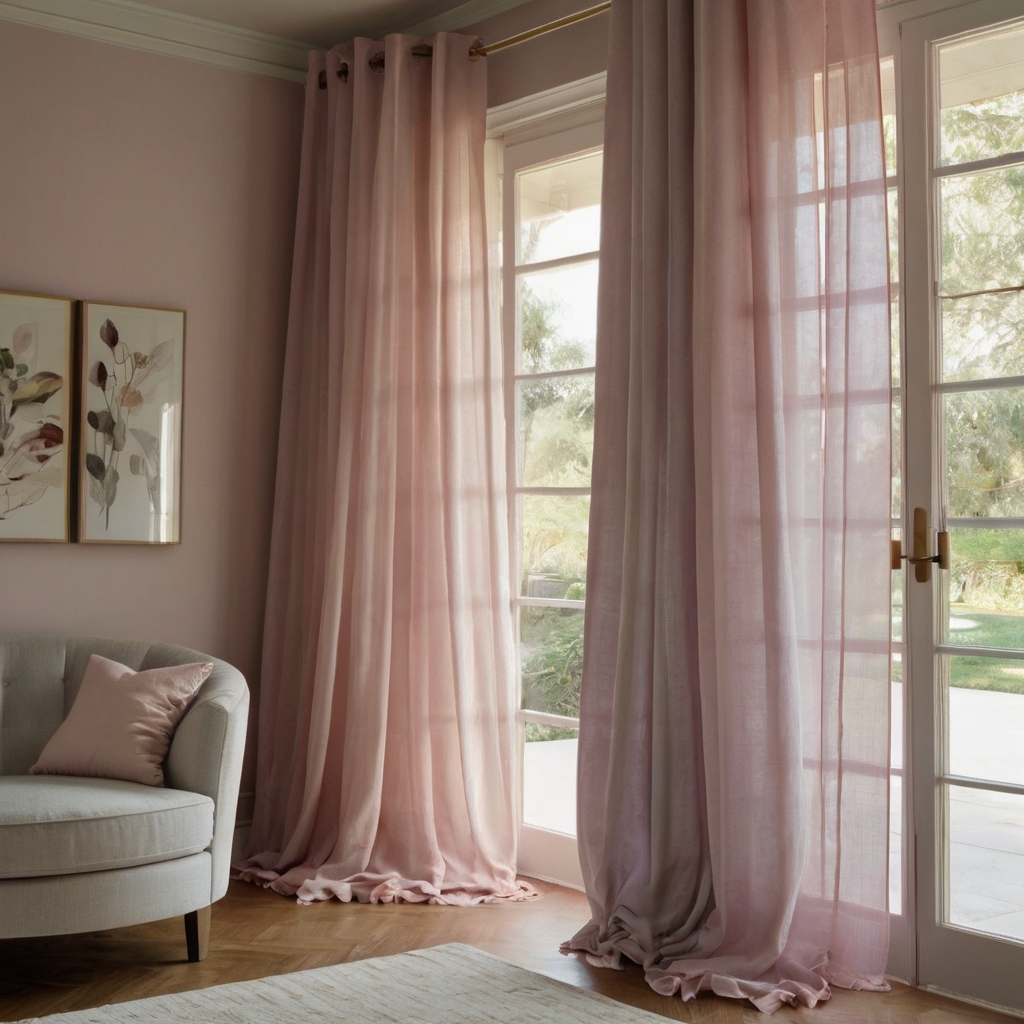 Pastel-colored curtains in soft hues like pink and lavender. Diffused light creates a serene, peaceful vibe in a minimalist room.