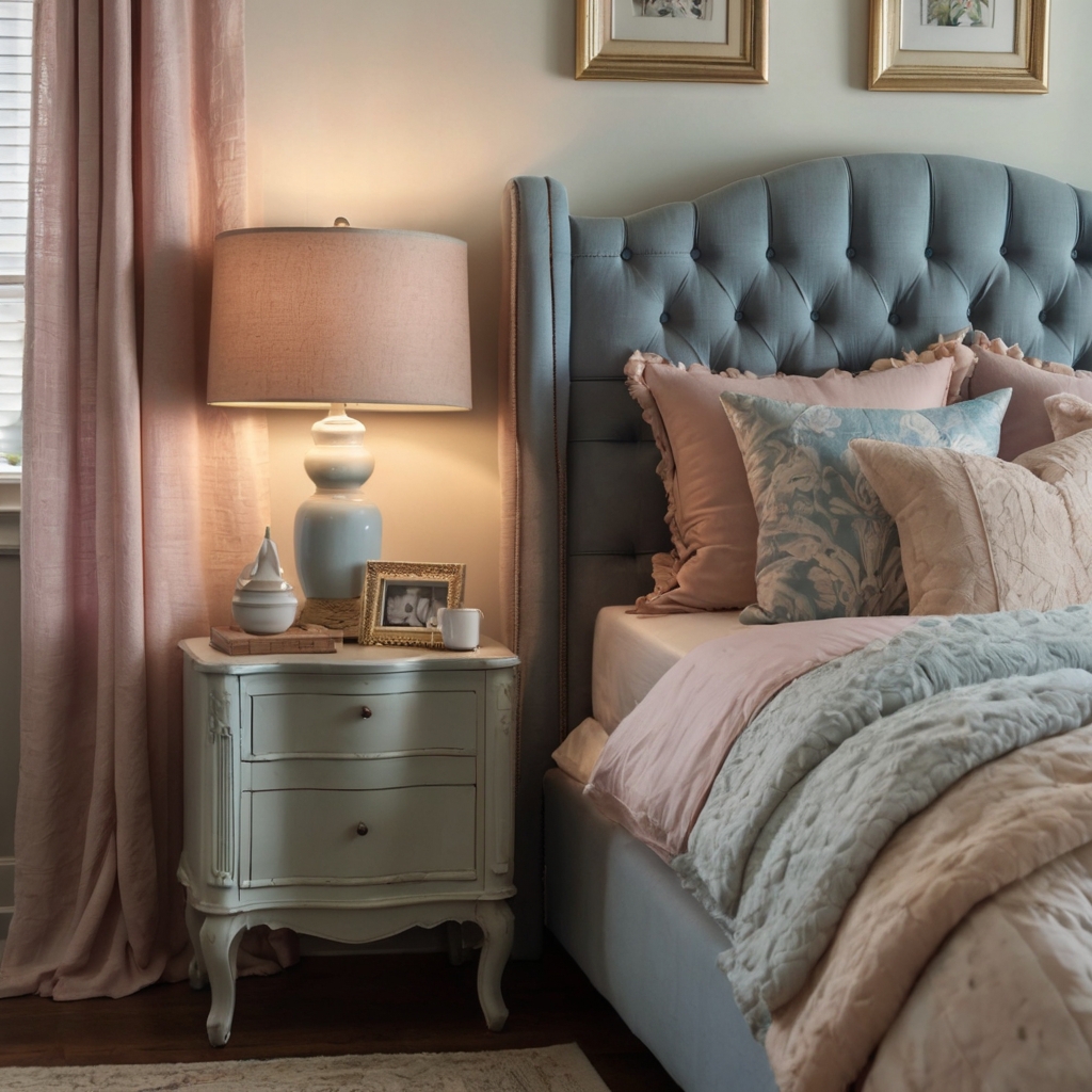 A dreamy bedroom in pastel tones of blue, pink, and cream. Layered textiles and vintage accents create a tranquil, feminine atmosphere.