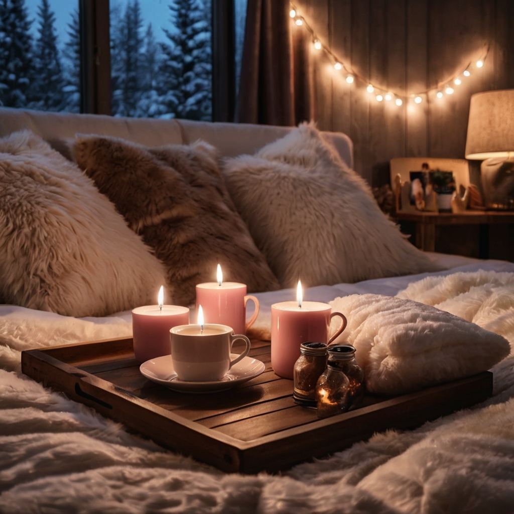 Faux fur blankets and oversized cushions create a cozy retreat. Twinkling lights and warm cocoa add to the snuggly atmosphere.