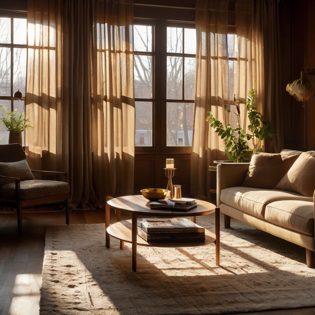 Light sheer curtains sway as golden sunlight filters in. Shadows create a serene glow around the brown couch.