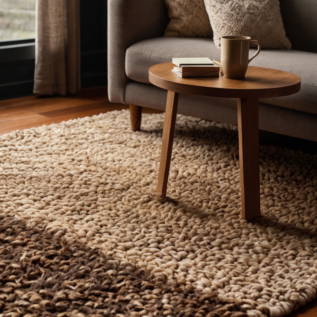 A plush area rug spreads under a brown couch, catching warm light. A cozy throw and coffee mug add to the inviting setting.