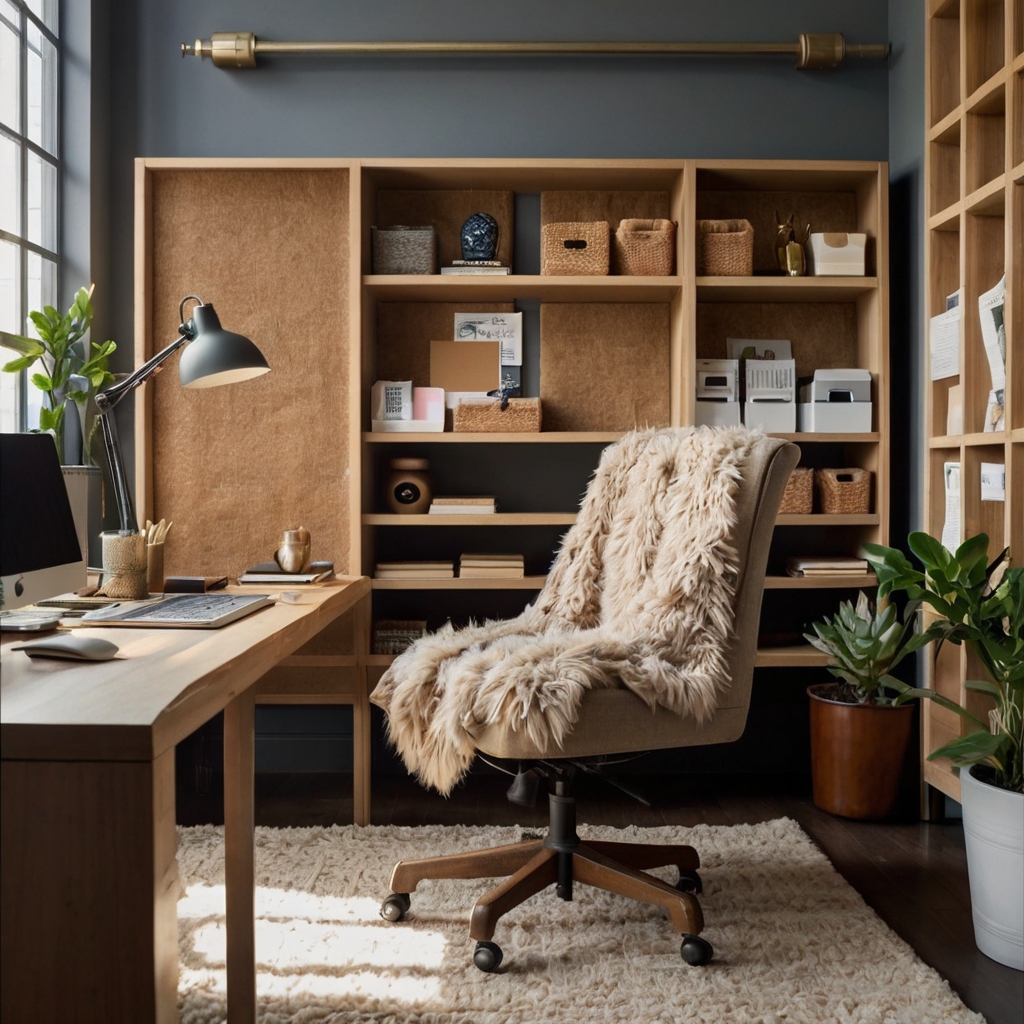 A cozy workspace with plush cushions, warm throws, and fabric organizers. Soft textures create a comfortable and inviting feel.