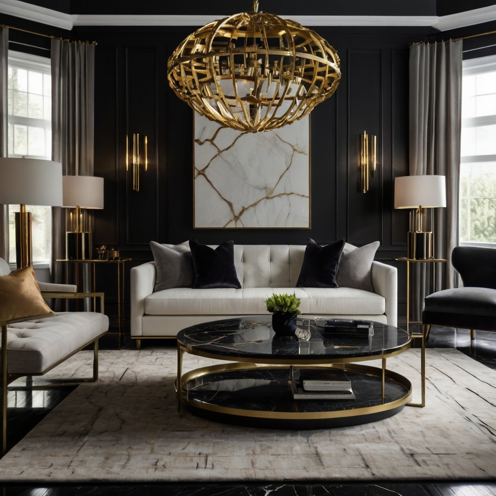 A high-contrast monochrome living room features black marble flooring and a white sectional. Metallic gold decor enhances the sleek, modern aesthetic.