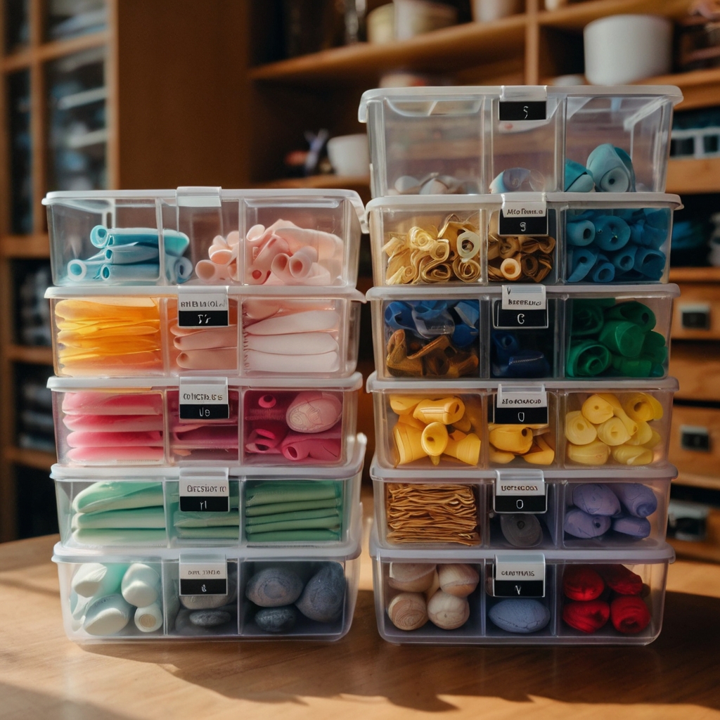 Transparent stackable drawers filled with various craft supplies. Soft lighting accentuates the neat, labeled organization.