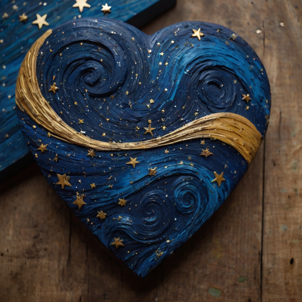 A textured wooden heart with deep blue swirls and golden stars, inspired by Van Gogh. An artistic, dreamy addition to creative spaces.